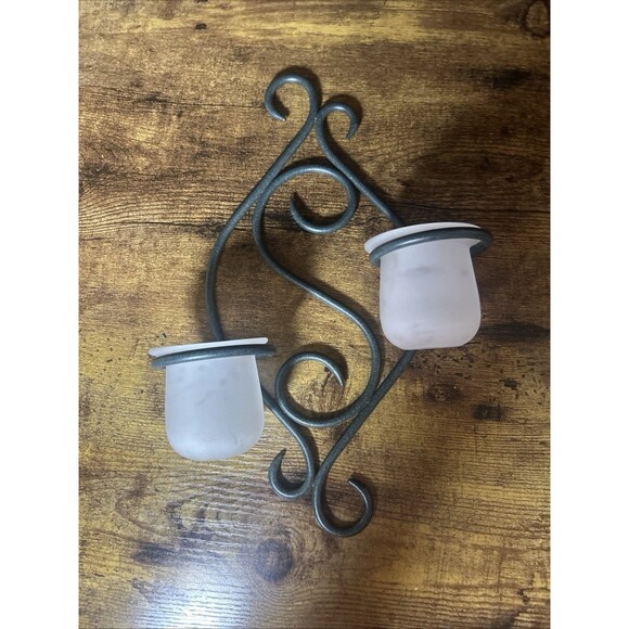 Partylite Candle Holders Scroll Sconce Green Wrought Iron Frosted Votive Holders - Picture 2 of 11